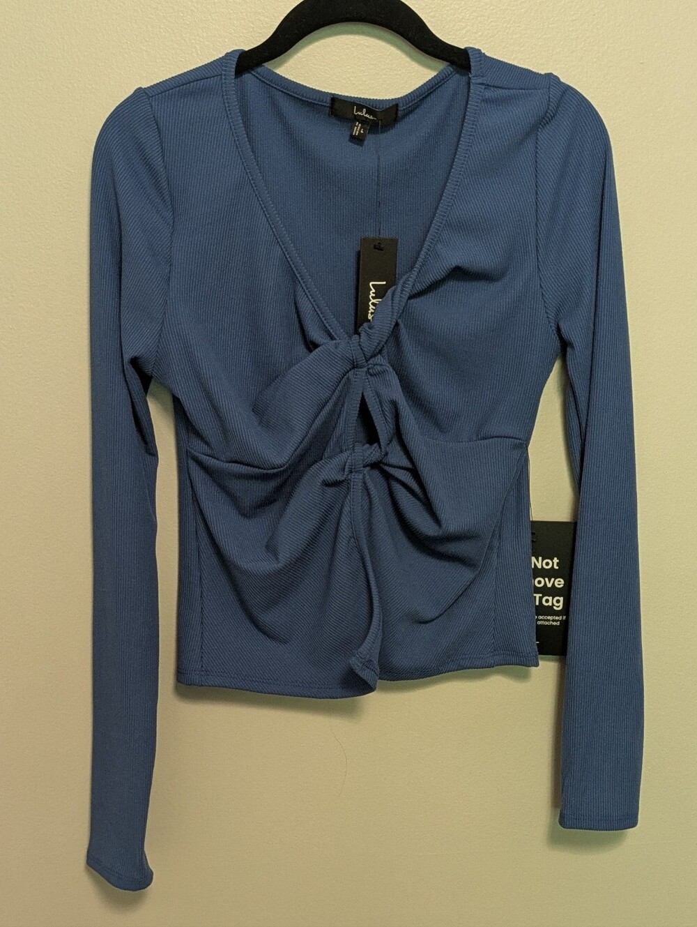 NWT Lulus Blue Ribbed Long Sleeve Twist Front Top